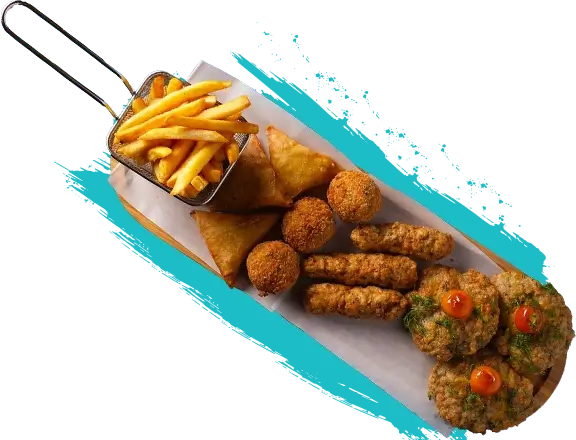 مقبلات مشكلة كبيبة و كرات جمبري و كفته جمبري و سمبوسك و بطاطس مقلية